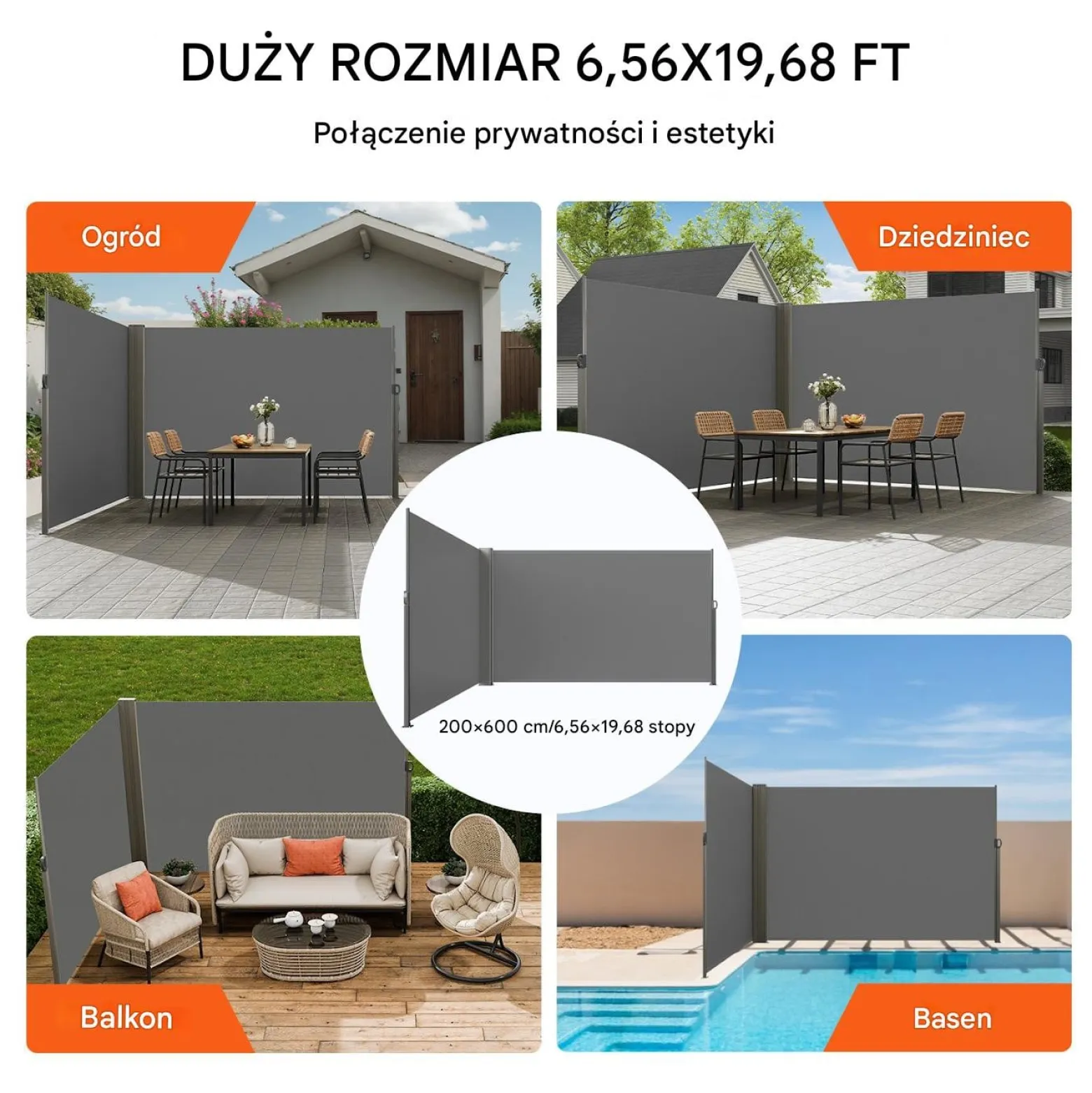 Roleta boczna tarasowa 200x600cm wodoodporna osłona balkonowa szara