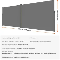 Roleta boczna tarasowa 200x600cm wodoodporna osłona balkonowa szara