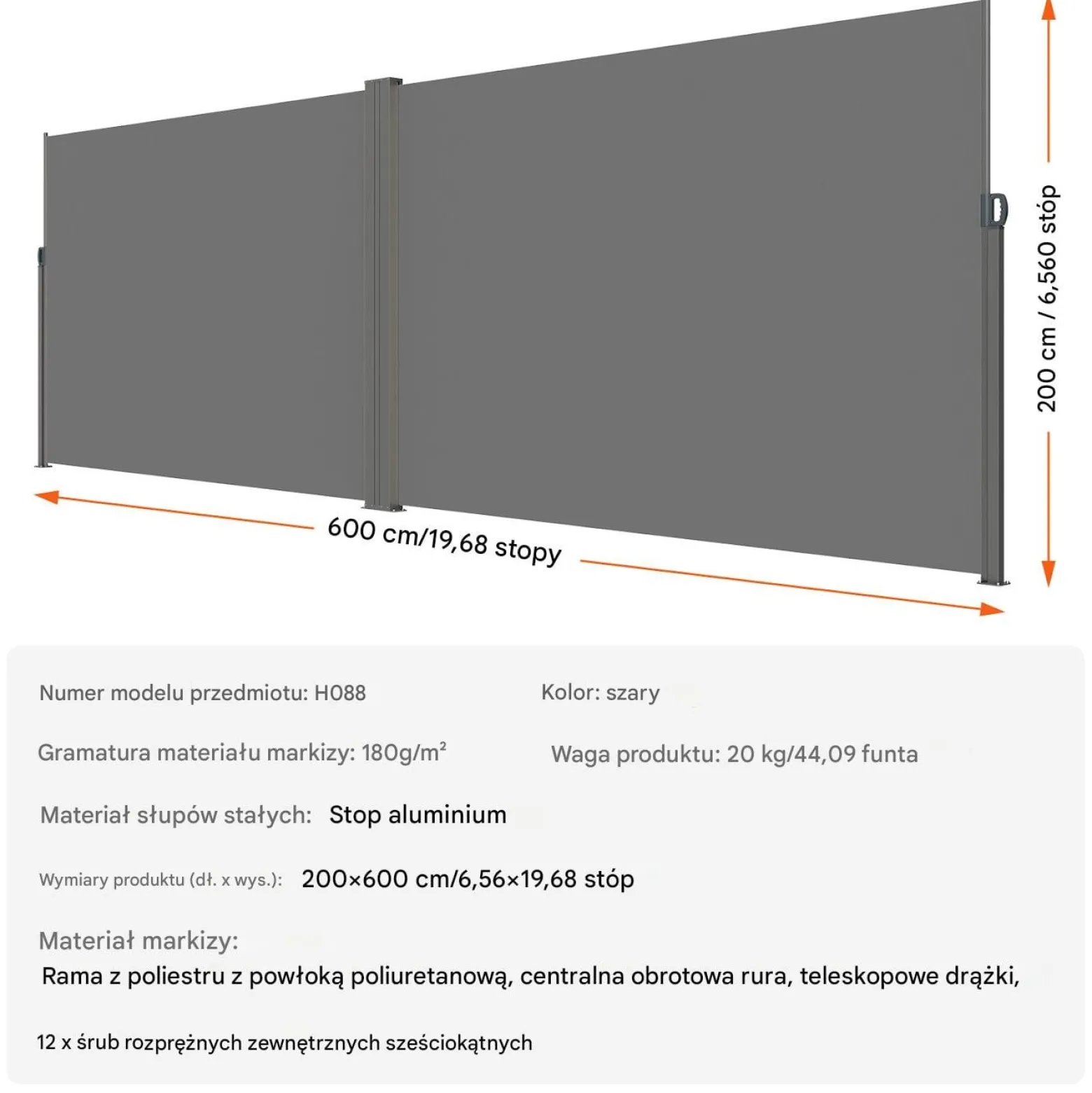 Roleta boczna tarasowa 200x600cm wodoodporna osłona balkonowa szara