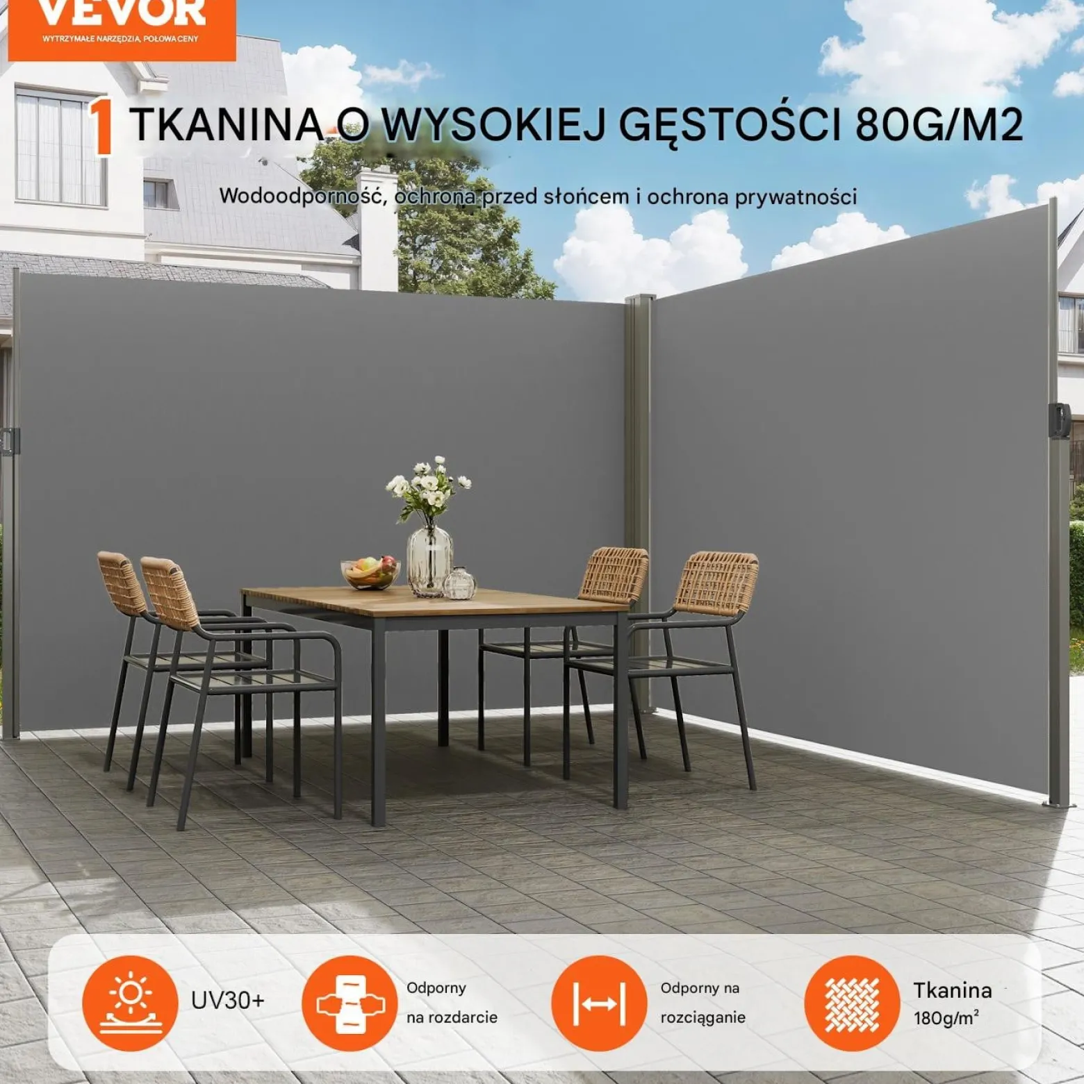 Roleta boczna tarasowa 200x600cm wodoodporna osłona balkonowa szara
