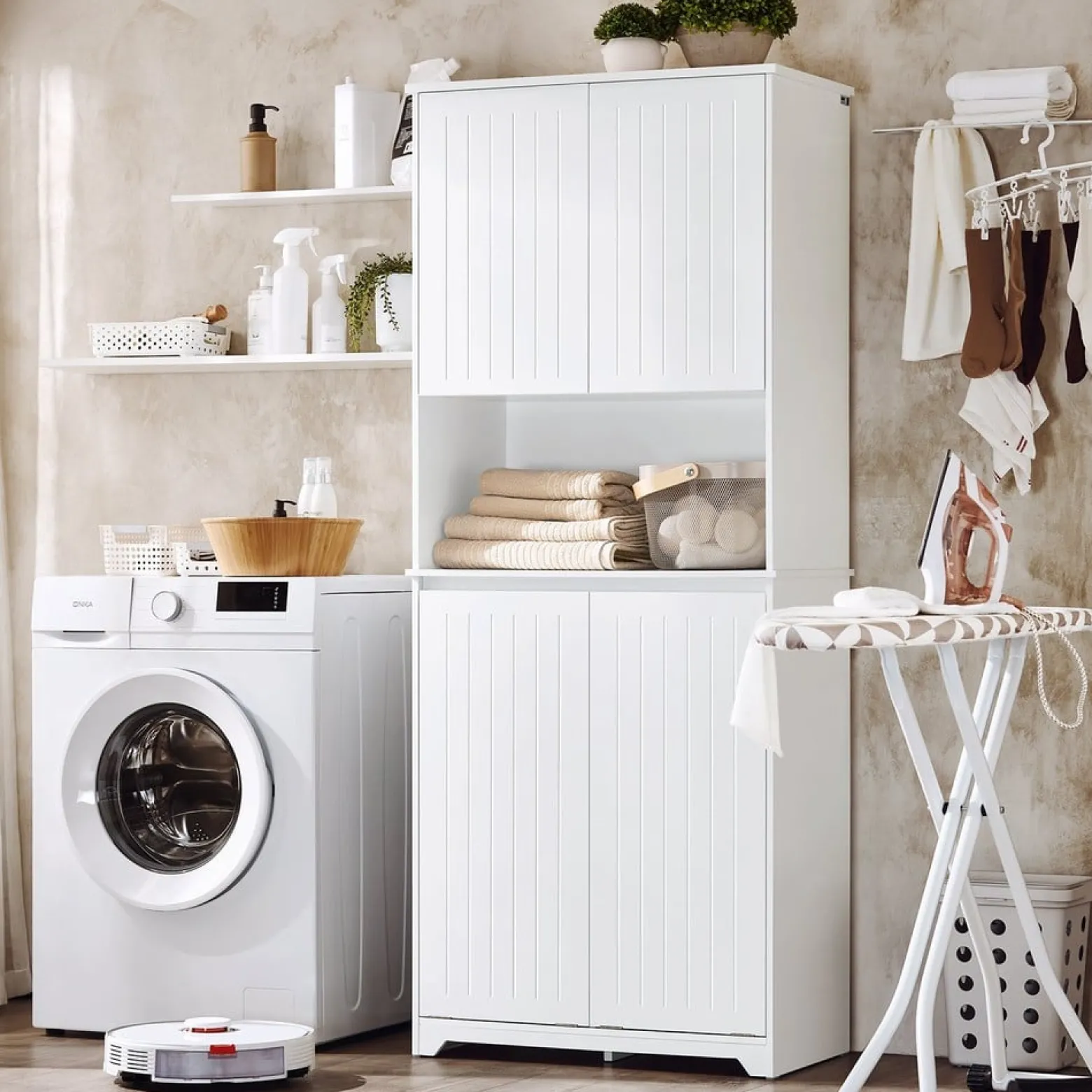 SoBuy Słupek łazienkowy z czterema drzwiczkami Biały 70x37x170cm BZR150-W