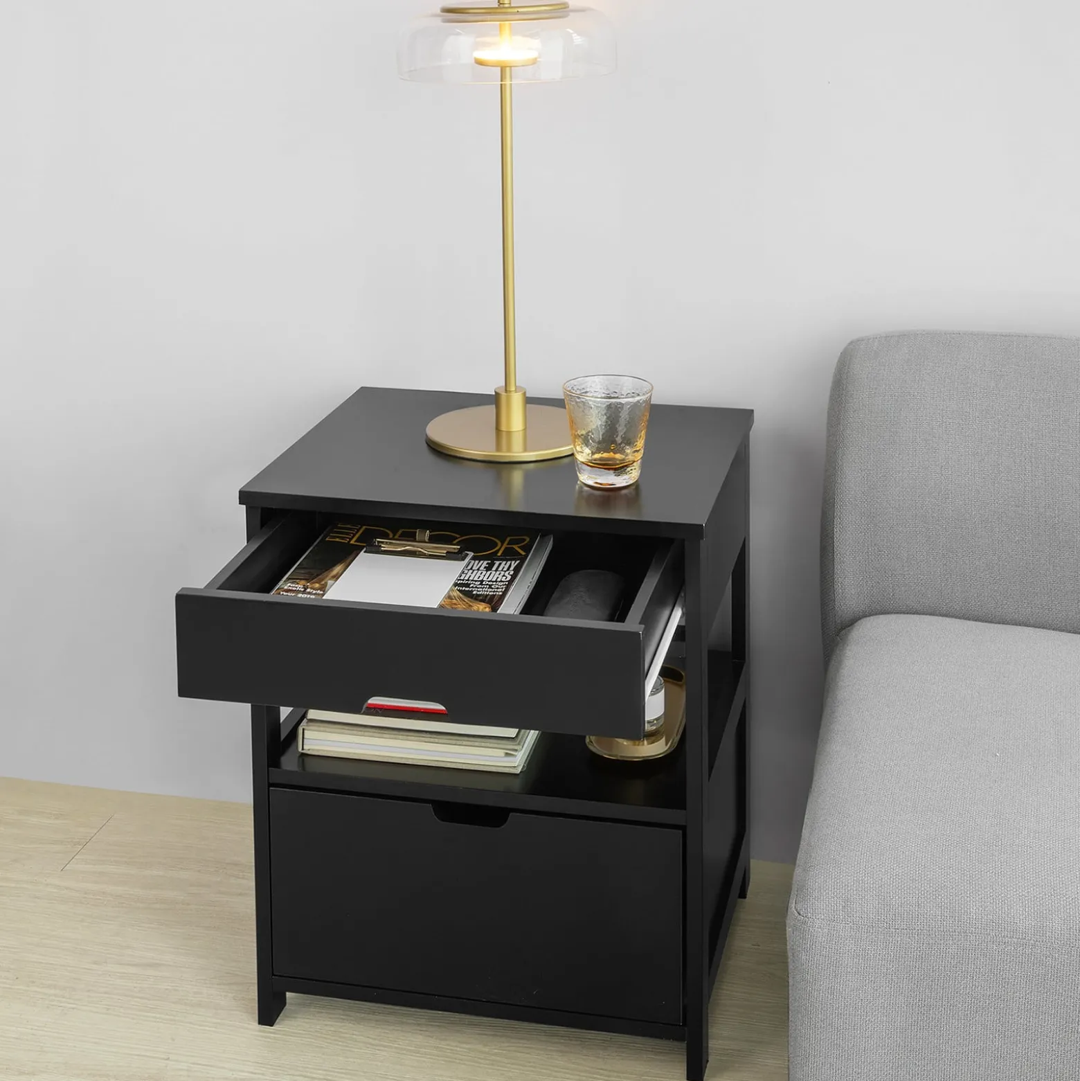 SoBuy Szafka nocna z 2 szufladami Czarny 45x37.5x55cm Nowoczesny FRG258-SCH