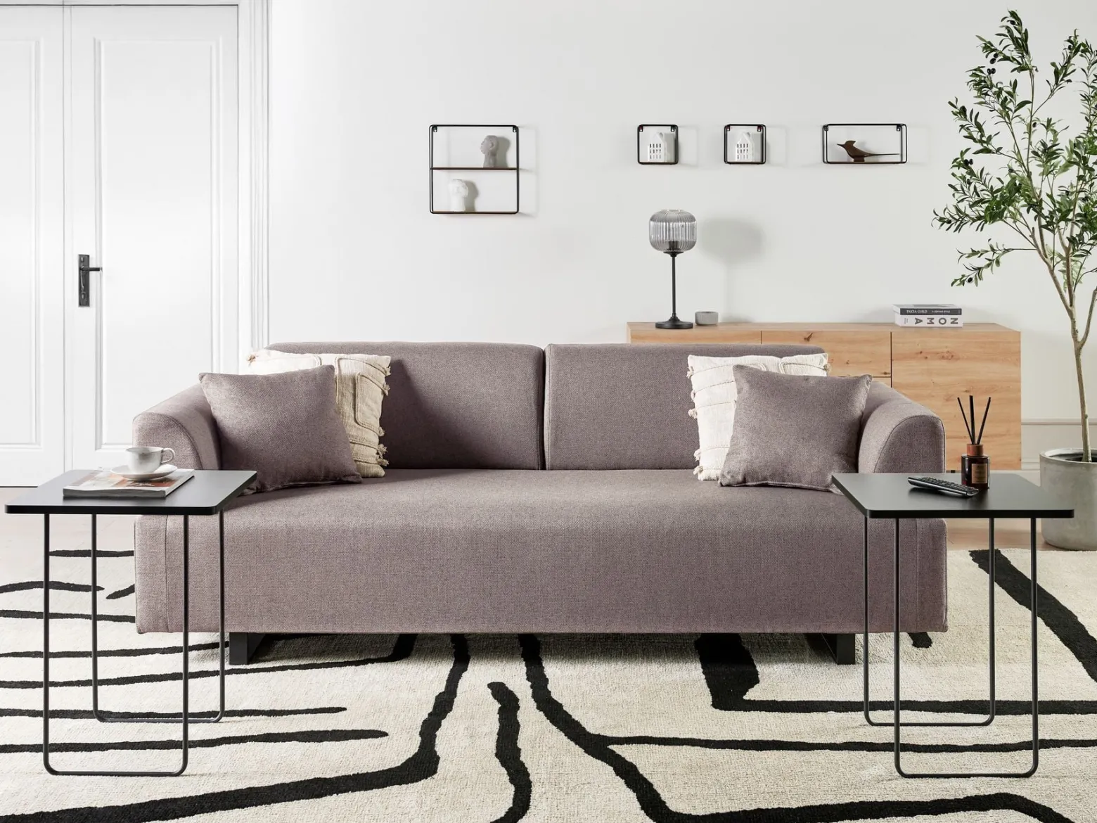 Sofa 3-osobowa ze stolikami brązowa