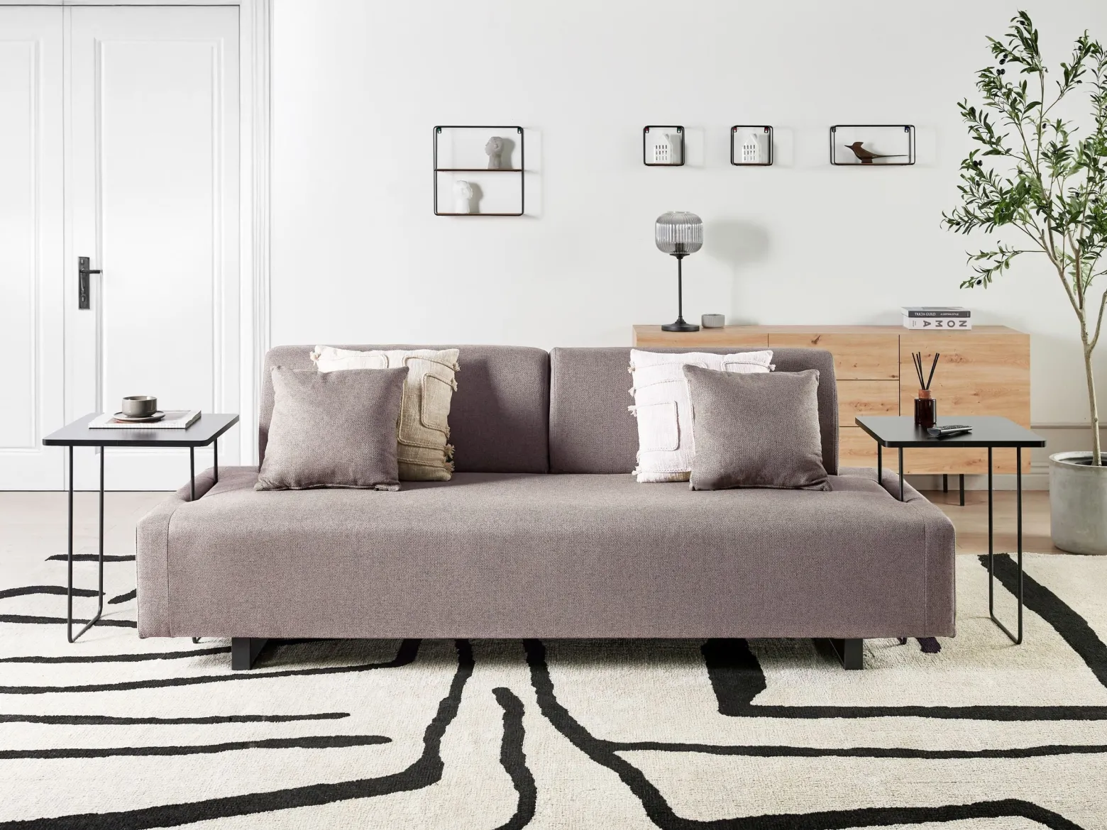 Sofa 3-osobowa ze stolikami brązowa