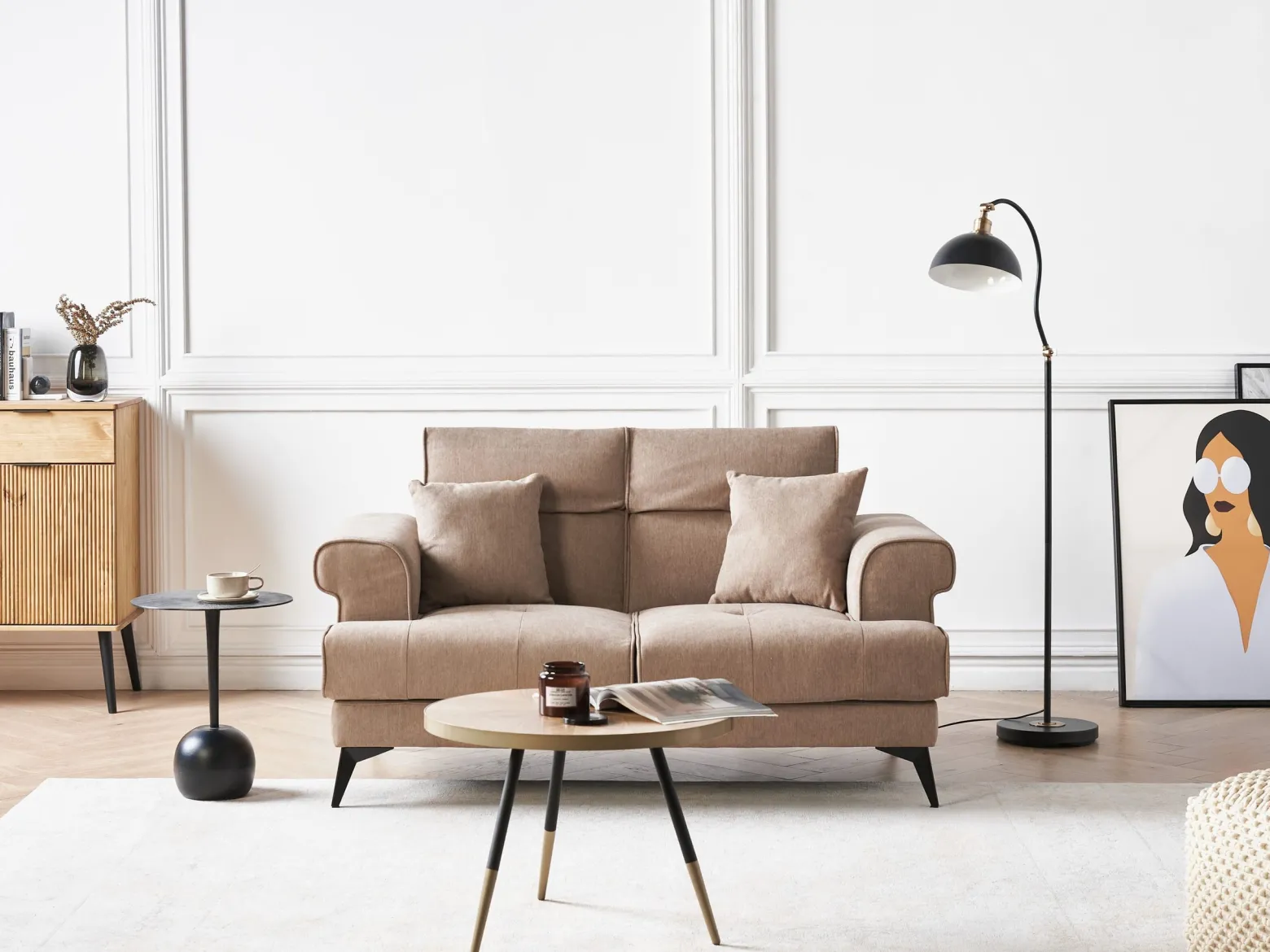 Sofa dwuosobowa tapicerowana jasnobrązowa