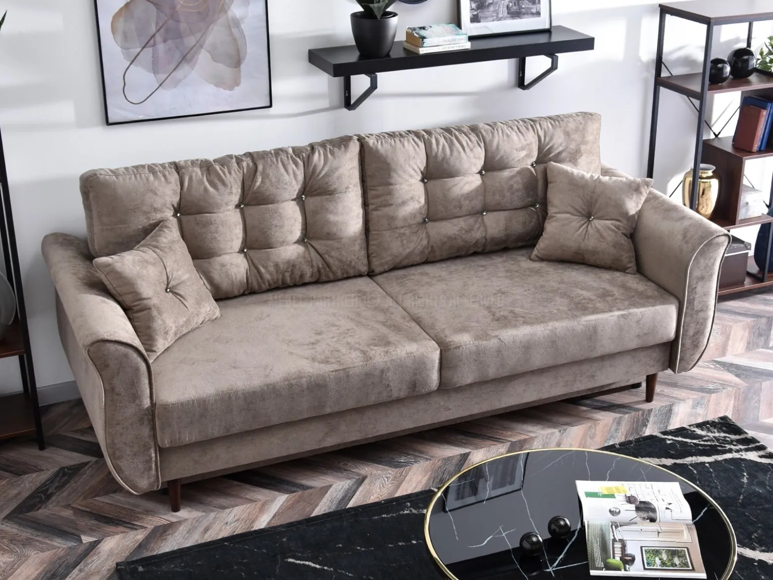 Sofa Lanti Beżowy Welur, Podstawa Orzech