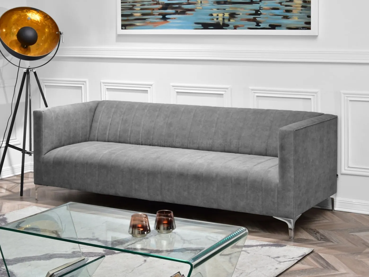 Sofa Roni-3 Szary Tkanina, Podstawa Chrom