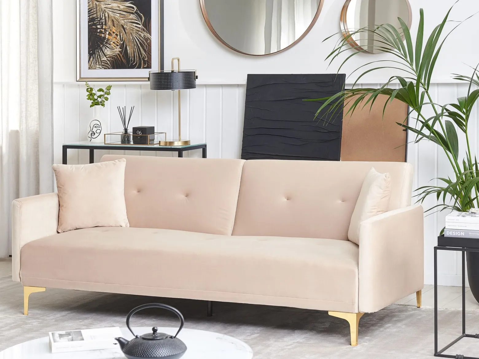 Sofa rozkładana LUCAN Welur Beżowy dla 3 osób