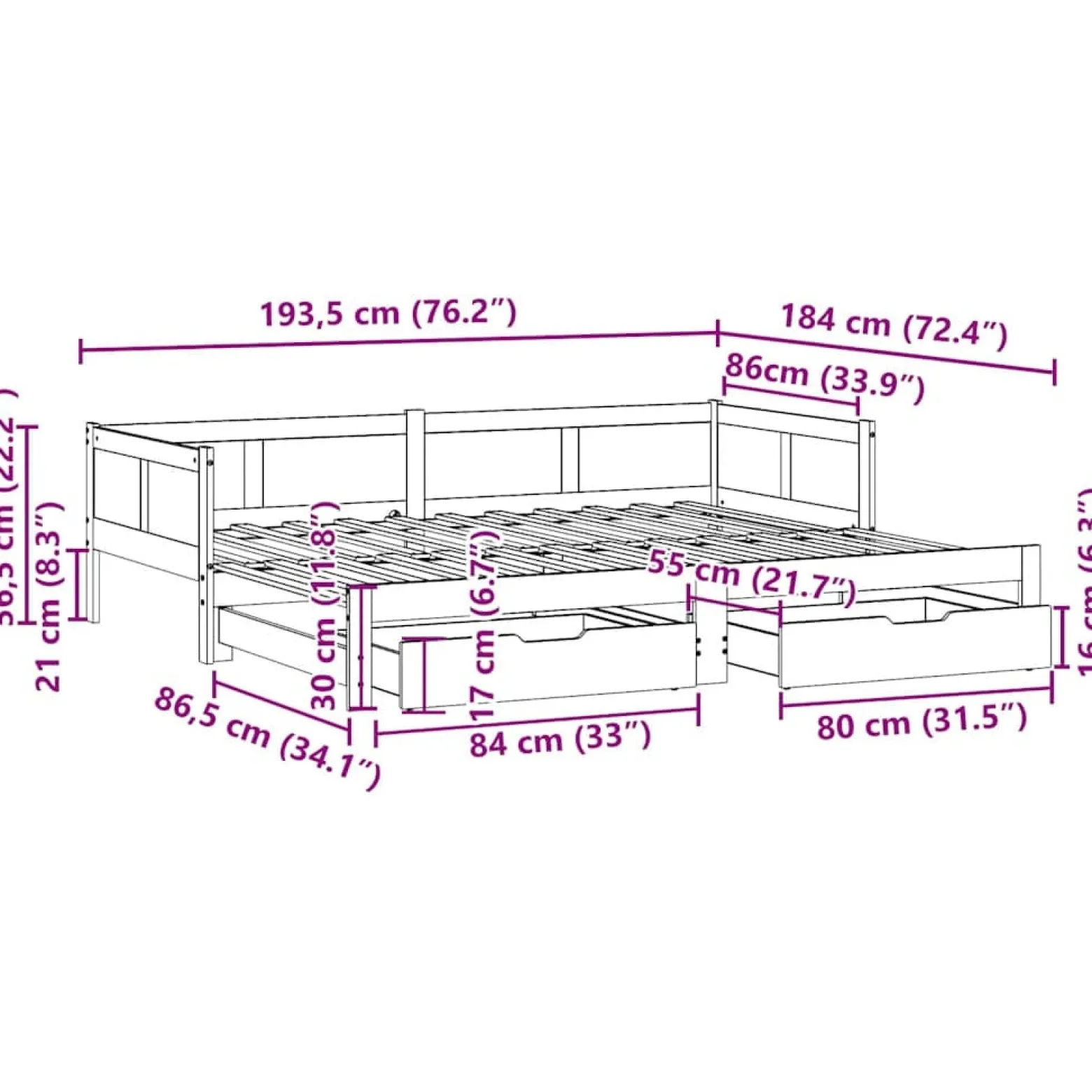 Sofa Rozsuwana Łóżko Drewniane Rama Łóżka z Szufladami Brązowa 90x190 cm