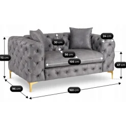Sofa SORRENTO 2S Dwuosobowa Szara Welurowa Nowoczesna Glamour