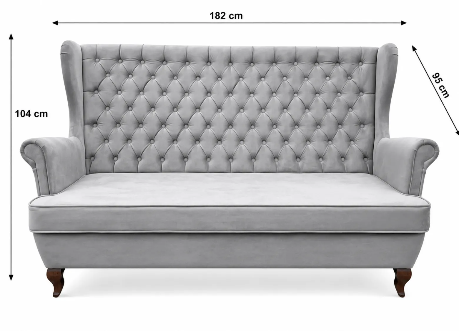 Sofa uszak 3-osobowa chesterfield glamour szara velvet HR45 nogi ludwik