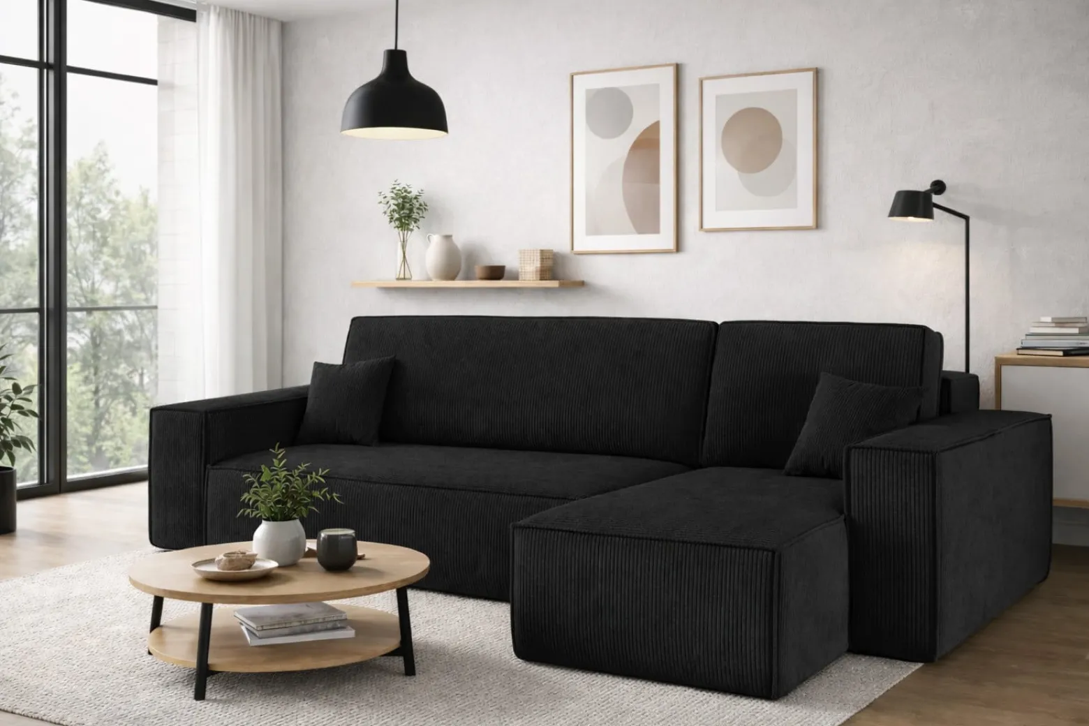 Sofa w kształcie L BEST narożnik, tkanina Poso, Czarny Prawostronny