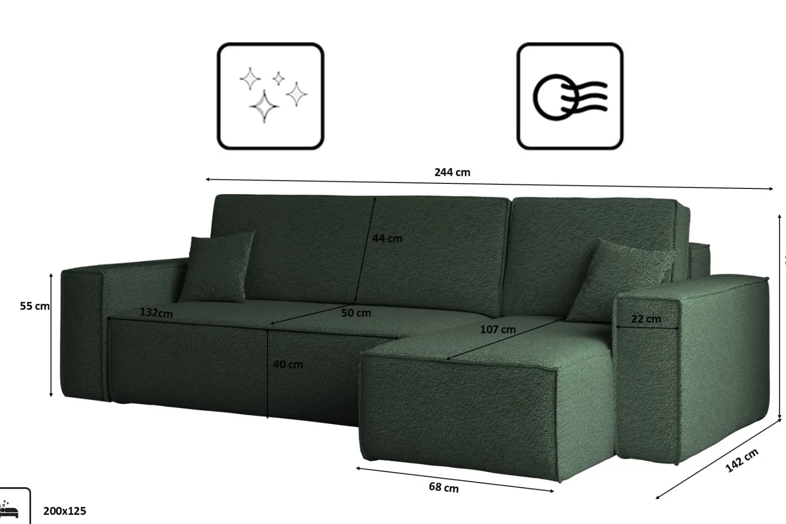 Sofa w kształcie L BEST, tkanina Abriamo, Ciemnozielony Prawostronny