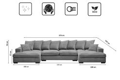 Sofa w kształcie U GABON narożnik, tkanina Zoom, Szary