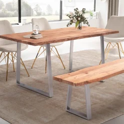 Stół Jadalniany 140 cm Drewno Lite Akacjowe Metal Chromie Krawędź drzewa