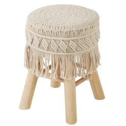 Stołek boho z siedziskiem pokrytym makramą, wys.42 cm