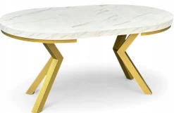 Stół okrągły rozkładany 110/210 cm nogi X złote + biały marmur + maskownica