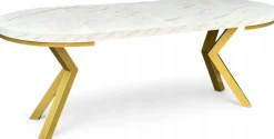 Stół okrągły rozkładany 110/210 cm nogi X złote + biały marmur + maskownica