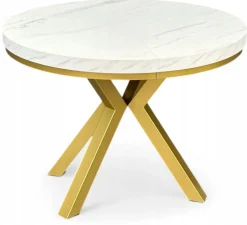 Stół okrągły rozkładany 110/210 cm nogi X złote + biały marmur + maskownica
