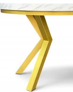 Stół okrągły rozkładany 110/210 cm nogi X złote + biały marmur + maskownica