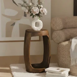 Stolik boczny Mango lite drewno okrągły 30cm, kawowy z półką, do salonu