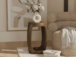 Stolik boczny Mango lite drewno okrągły 30cm, kawowy z półką, do salonu