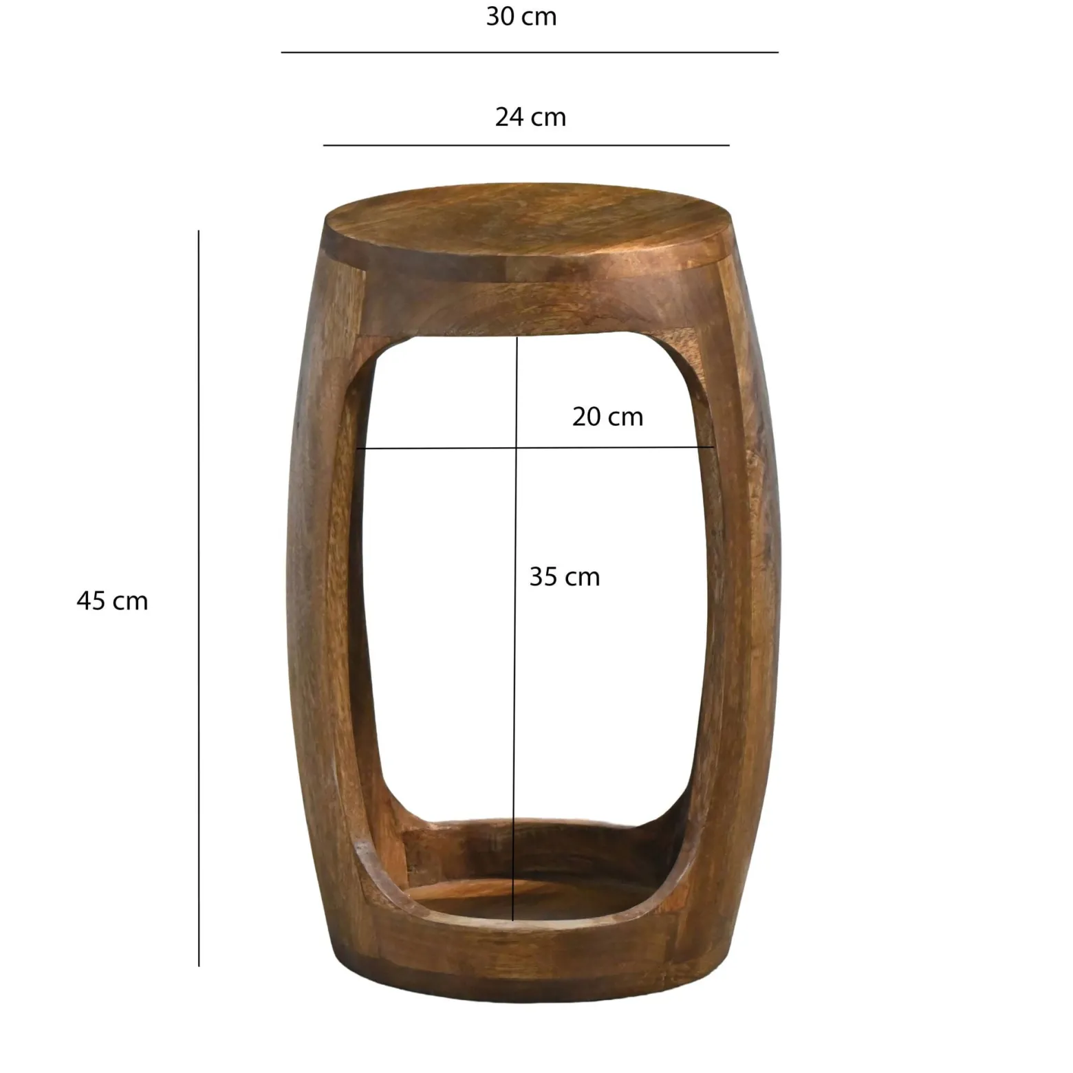 Stolik boczny Mango lite drewno okrągły 30cm, kawowy z półką, do salonu