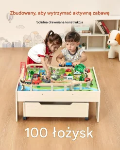 Stolik drewniany dla dzieci z torami i 100 klockami, 3w1, 3+