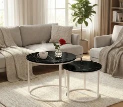 Stoliki Kawowe Okrągłe 53×45cm 43×35 Zestaw Stolików Wzór Czarny Marmur 2w1