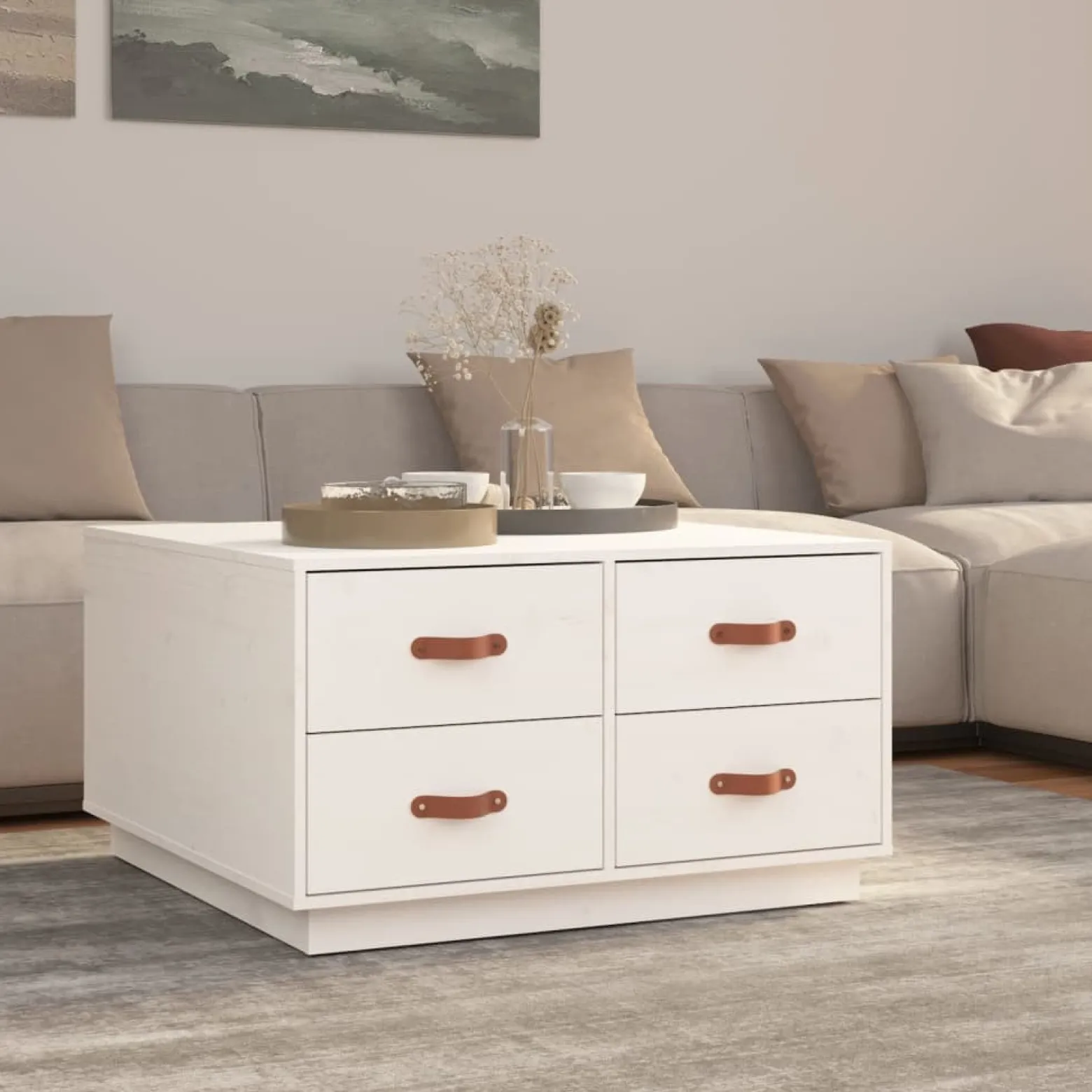 Stolik Kawowy Ława Stół Biały Drewniany 80x80x45 Szuflady Do Salonu