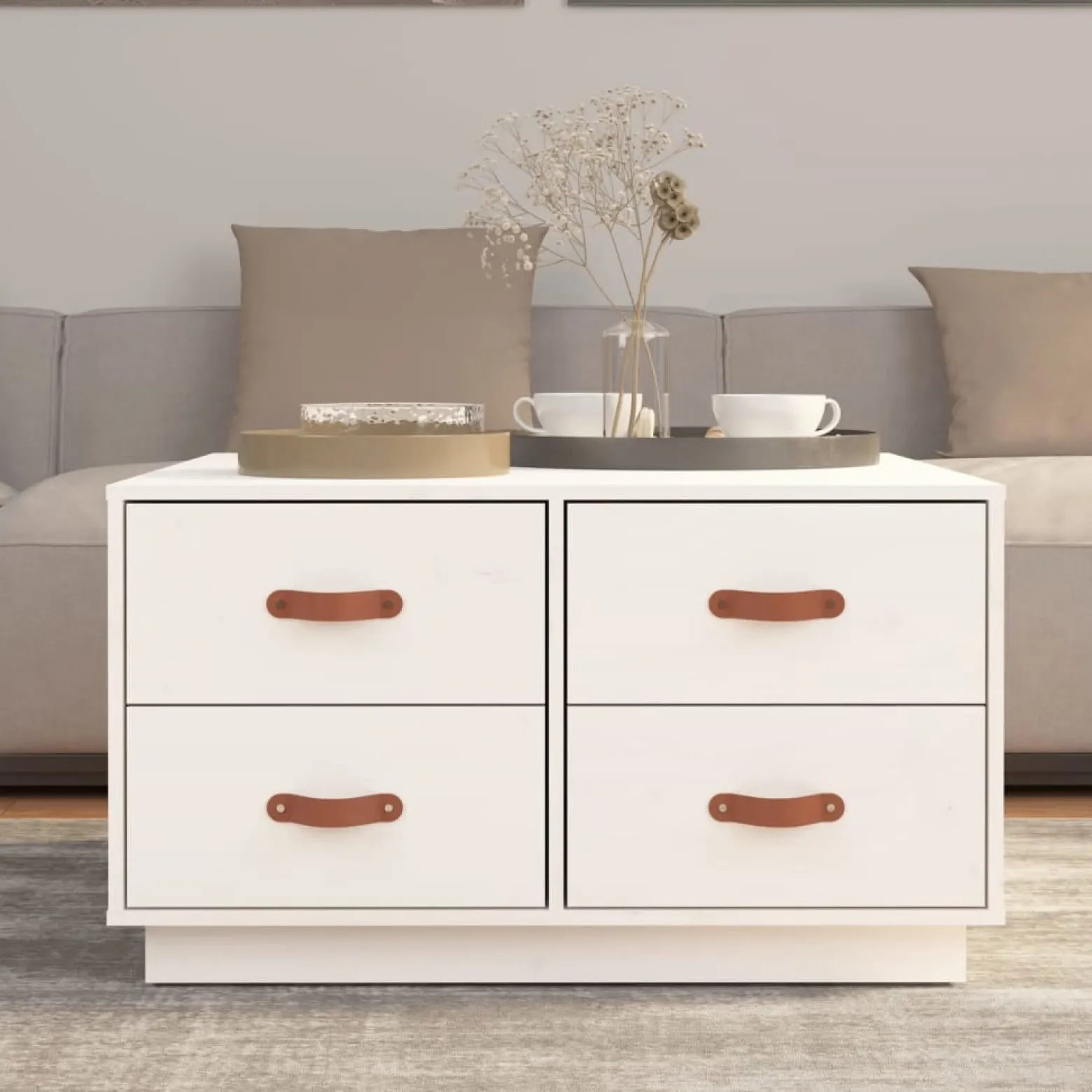 Stolik Kawowy Ława Stół Biały Drewniany 80x80x45 Szuflady Do Salonu