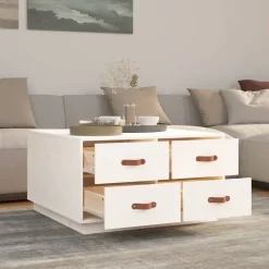 Stolik Kawowy Ława Stół Biały Drewniany 80x80x45 Szuflady Do Salonu