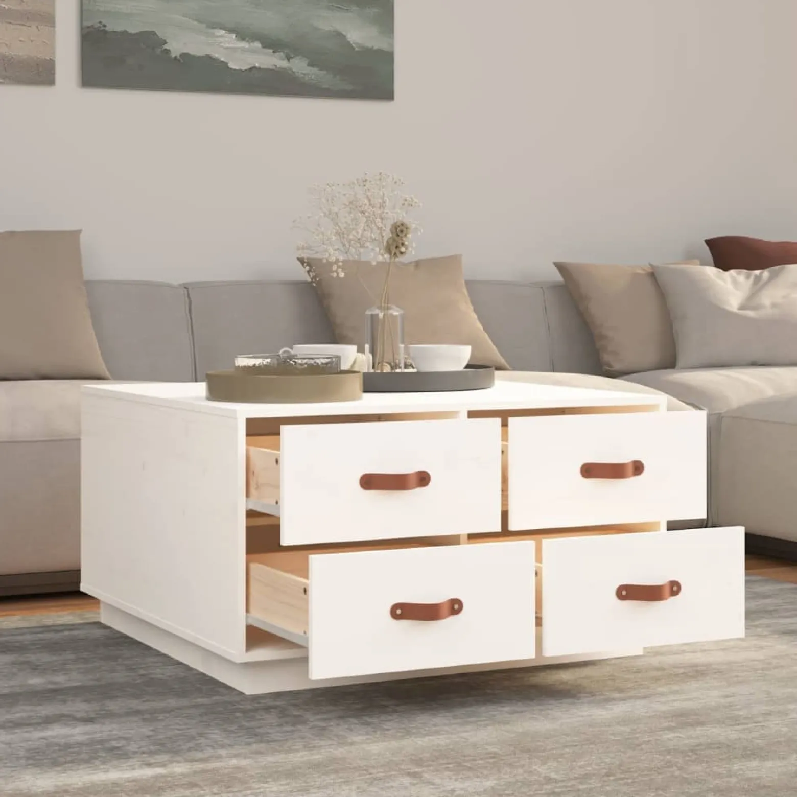 Stolik Kawowy Ława Stół Biały Drewniany 80x80x45 Szuflady Do Salonu