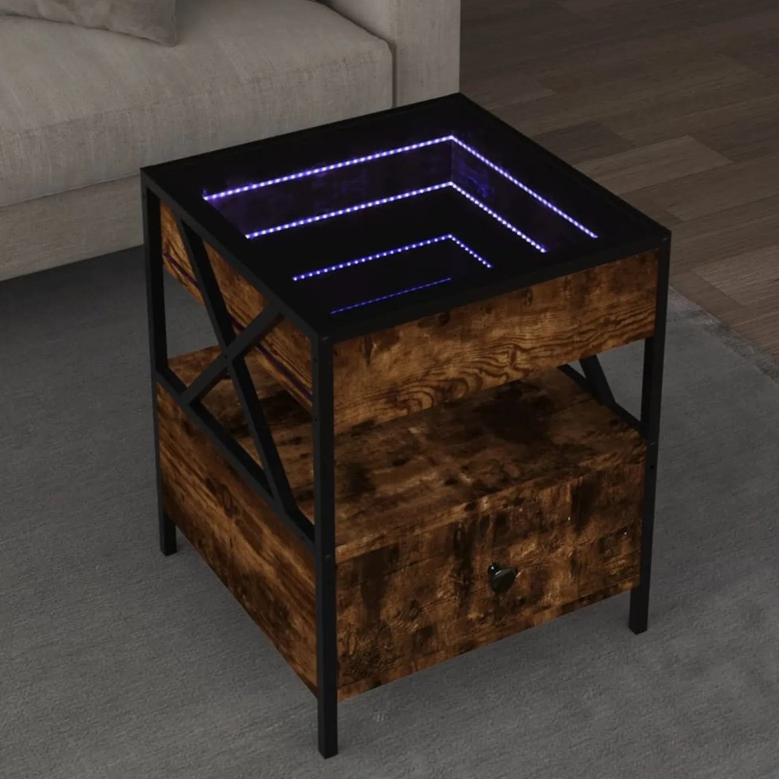 Stolik Kawowy Ława Stół Brązowy 40x40x51 Oświetlenie Led Do Salonu