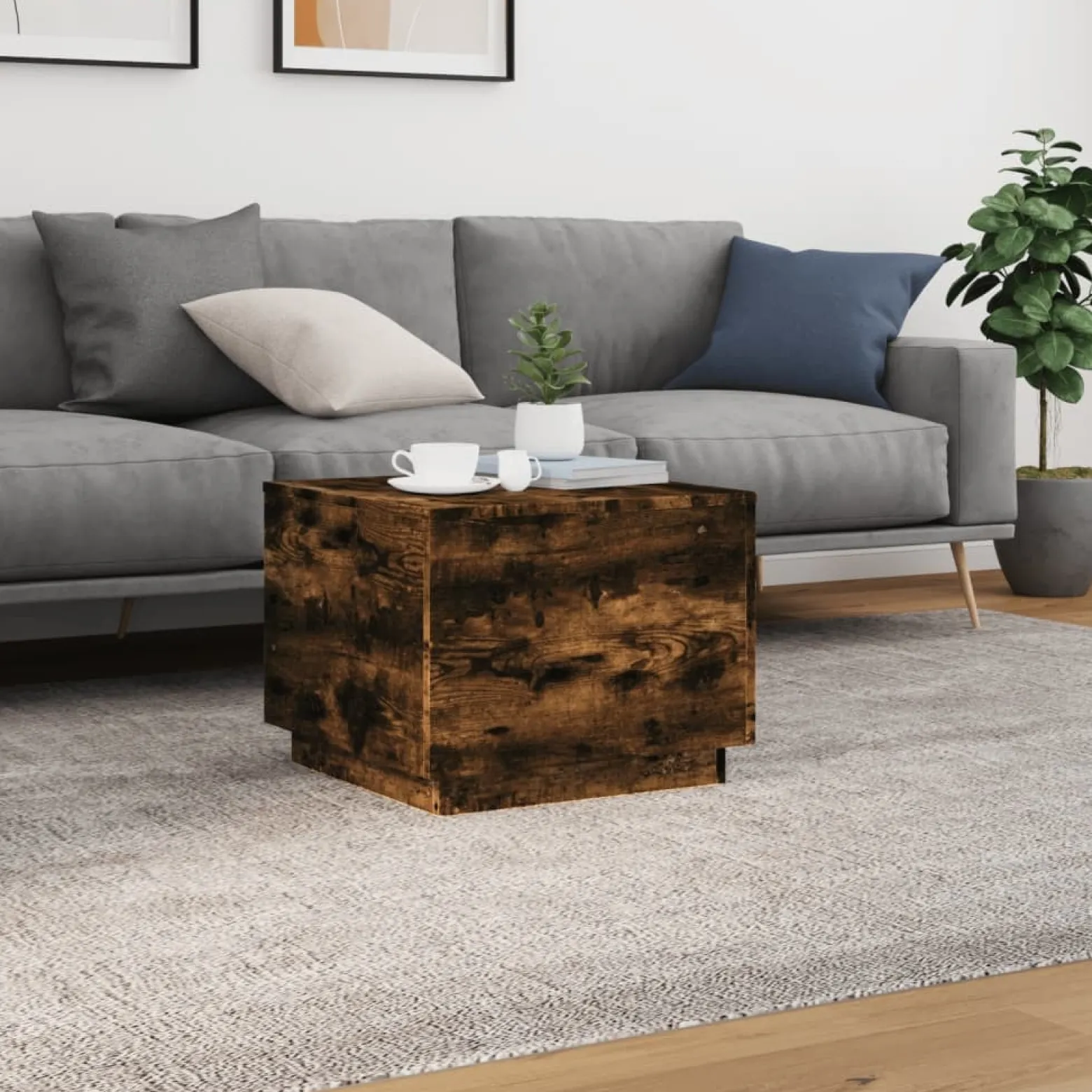 Stolik Kawowy Ława Stół Brązowy 50x50x40 Oświetlenie Led Do Salonu