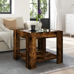 Stolik Kawowy Ława Stół Brązowy 53x53x45 Oświetlenie Led Do Salonu