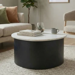 Stolik kawowy 63cm Marmur Biały Stolik do salonu pod sofę Metal Alu Czarny