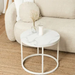 Stolik Kawowy Okrągły Loft Biały Marmur Mały Ława Okrągła Biała Mała AGNES