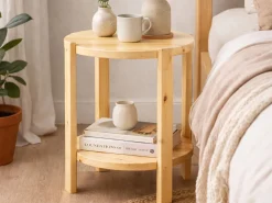 Stolik kawowy Porta okrągły 40 cm z litego drewna z półką, kolor sosnowy