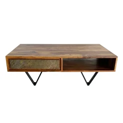 Stolik Kawowy z Drewna Sheesham 115 cm 2 Szuflady Półka Metal Czarny