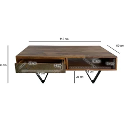Stolik Kawowy z Drewna Sheesham 115 cm 2 Szuflady Półka Metal Czarny