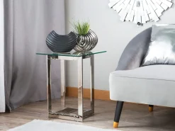 Stolik pomocniczy szklany kwadratowy glamour srebrny
