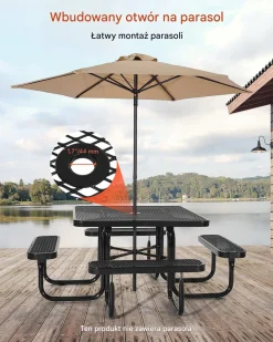 Stół piknikowy ogrodowy 116 cm - odporny na warunki z otworem na parasol