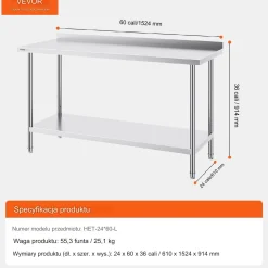 Stół Roboczy Gastronomiczny ze Stali Nierdzewnej – 61x91x152 cm