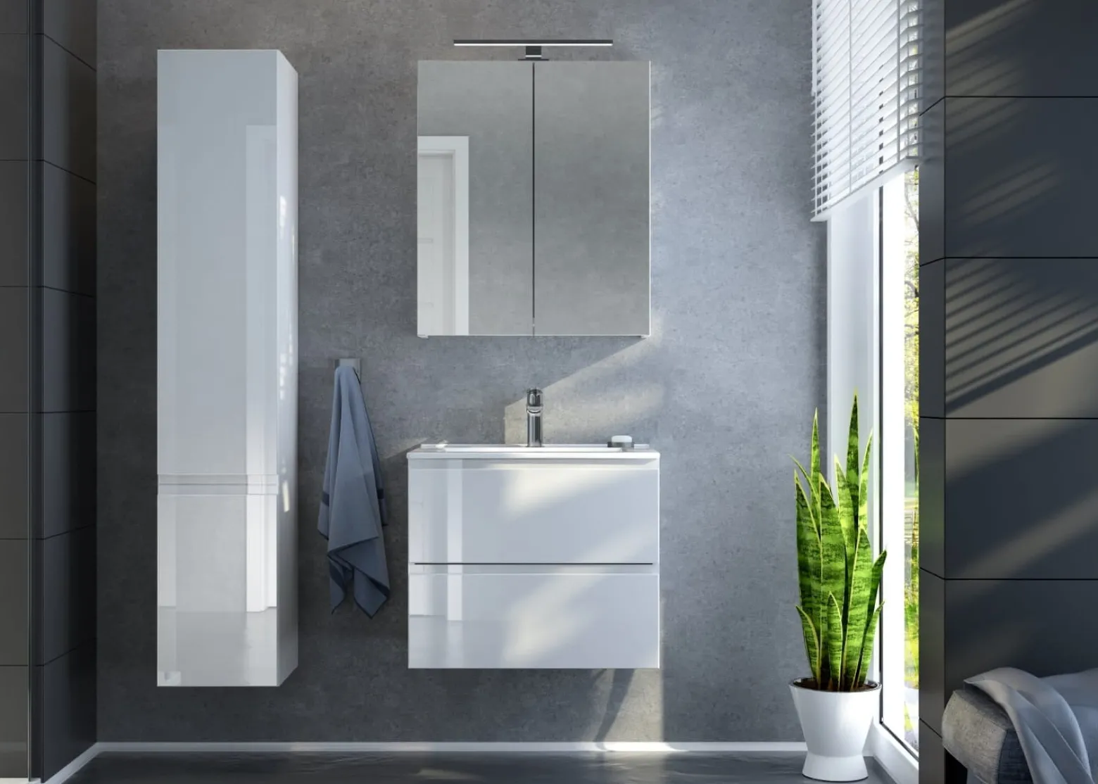 Słupek łazienkowy wiszący biały połysk 157cm, szafka 4 półki bez szuflad