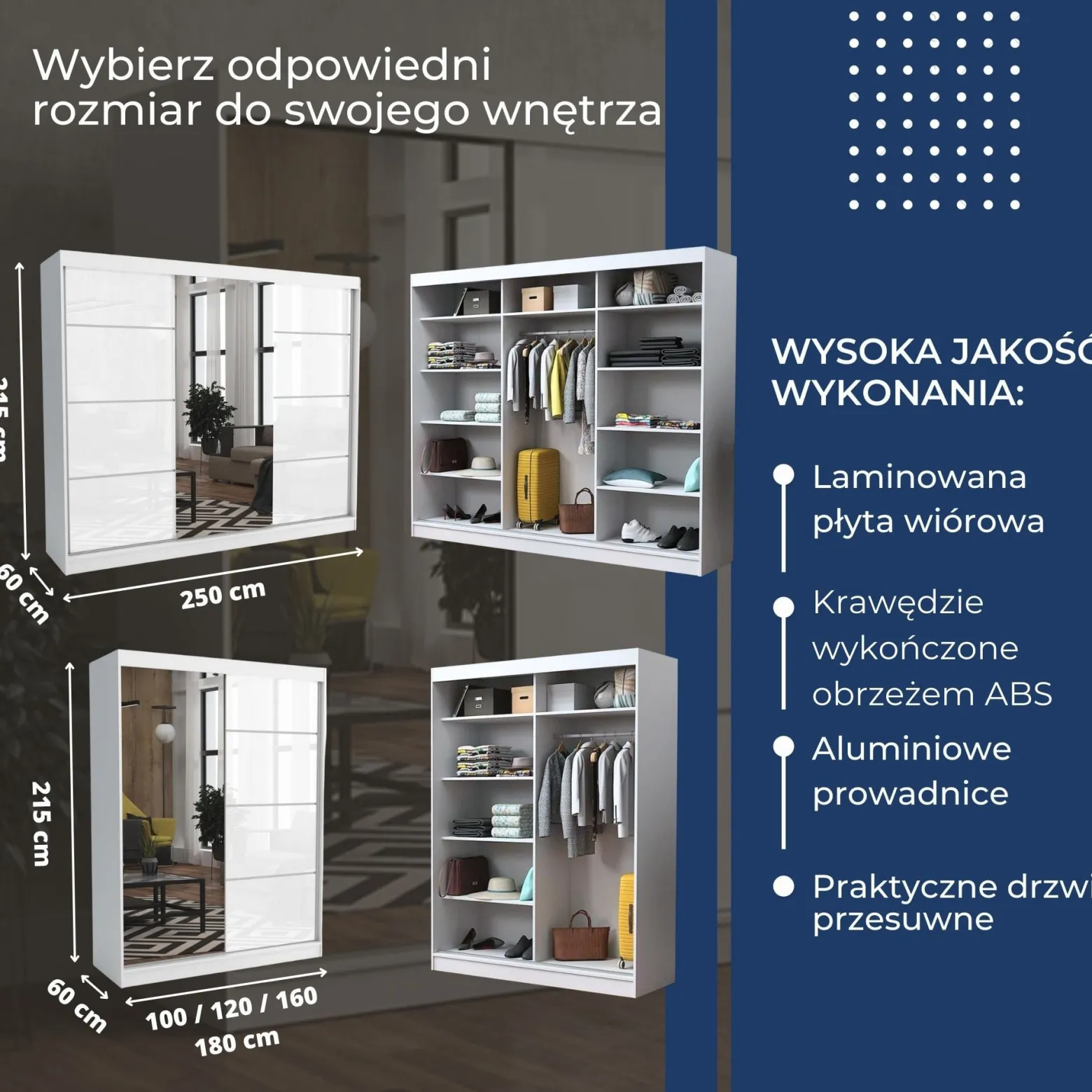 Szafa garderoba przesuwna BRENT 100 cm SUZAN POŁYSK BIAŁY