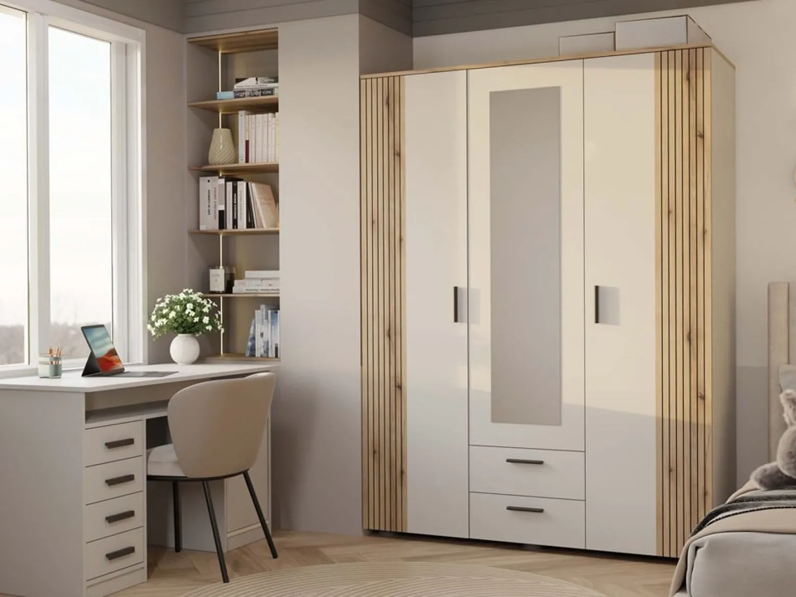 Szafa AVA 150cm z ryflowanym frontem dąb evoke + kaszmir