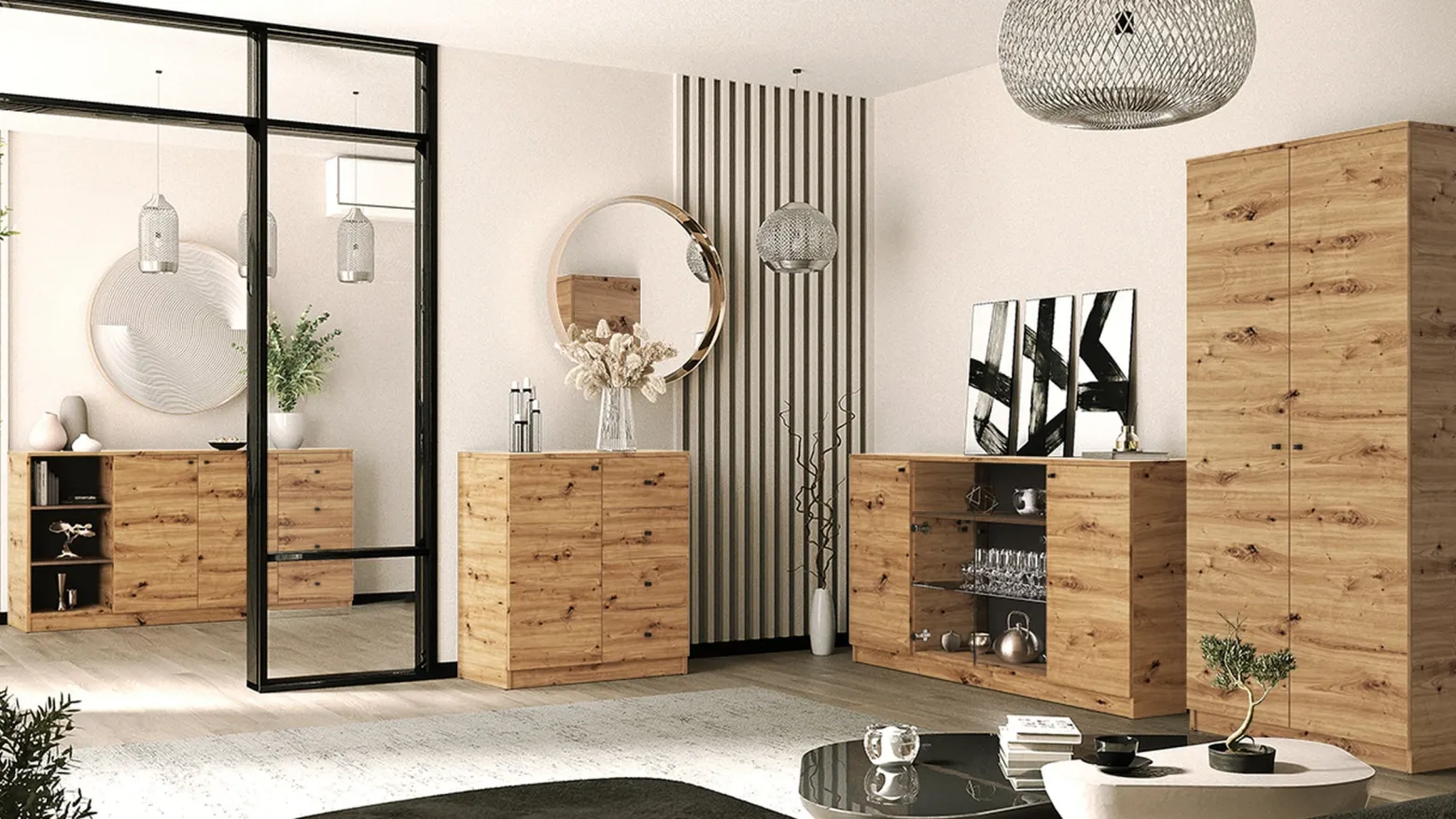 Szafa do salonu 80 cm z półkami i drążkiem ERIS uchylna dąb artisan