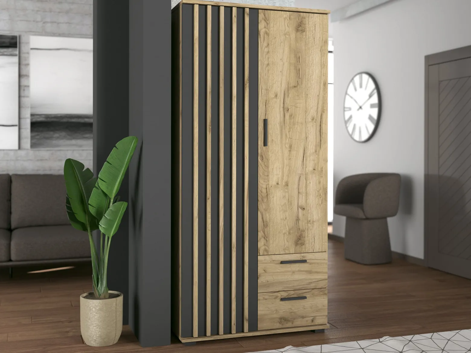 Szafa Montana 85 cm z lamelamI - dąb craft/czarny | nowoczesna