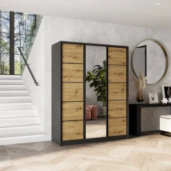Szafa przesuwna NATA 150 cm z lustrem Czarna + Dąb artisan